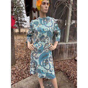60s Paisley Long Sleeve Shift Dress DRALON Knit Lined Germany Sz 48